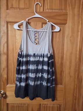 a.n.a Gray and White Tie-Dye Tank with Lace-Up Back